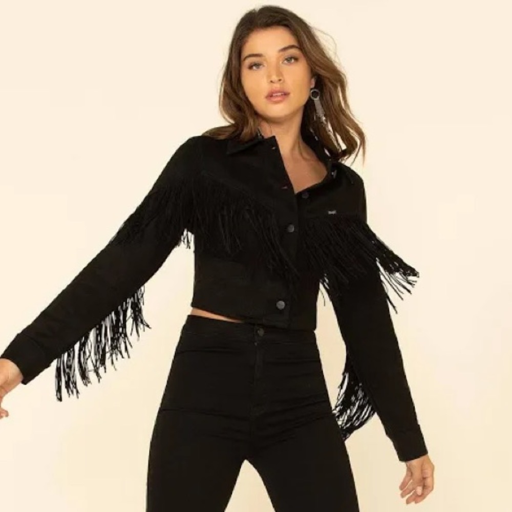 [NEW/UNWORN] Wrangler Retro Women's Suede Fringe Crop Jacket - Black - Picture 2 of 9